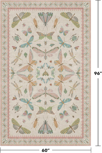 Hazo Haus Washable 5x8 Light Pink Rug for Bedroom - Pink Boho Girl Nursery Rug, Living Room, Nature Insect Bug Print Home Decor