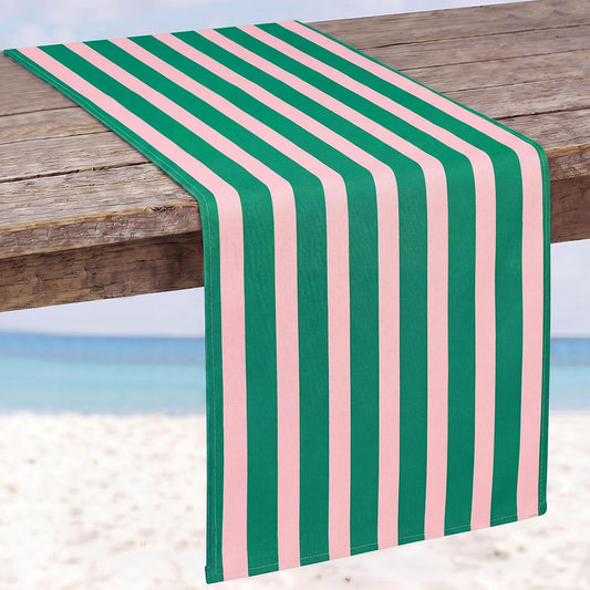 Fanfanwin Linen Palm Beach Table Runner - 14" x 120'' Cabana Pink Green Striped Table Runner for Summer Pool Party Decoration Home Dining Kitchen