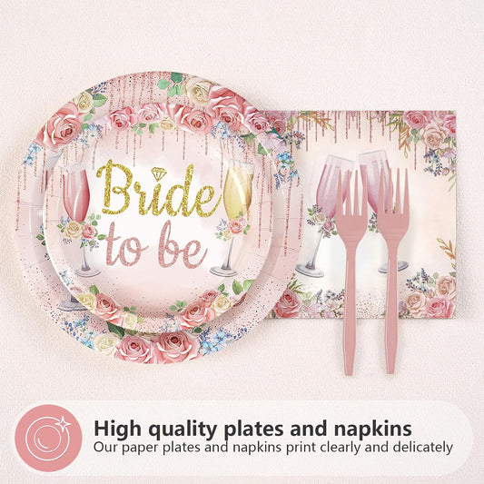 96Pcs Brunch Bubbly Bridal Shower Decorations Pink Bride to Be Plates and Napkins Sets Rose Gold Bridal Shower Decorations for Champagne Engagement Wedding Bachelorette Party Supplies Serves 24