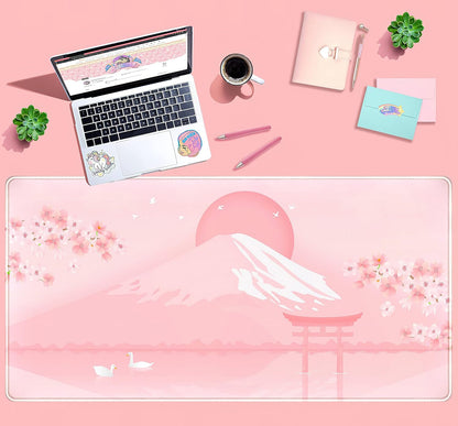 Cherry Blossom Mouse Pad Kawaii Pink Floral Desk Mat, Japanese Pastel Sakura Large Anime Gaming Mousepad XXL, Cute Aesthetic Mount Fuji Japan Keyboard Mats for Women Office Desk Pads 31.5"x15.75"