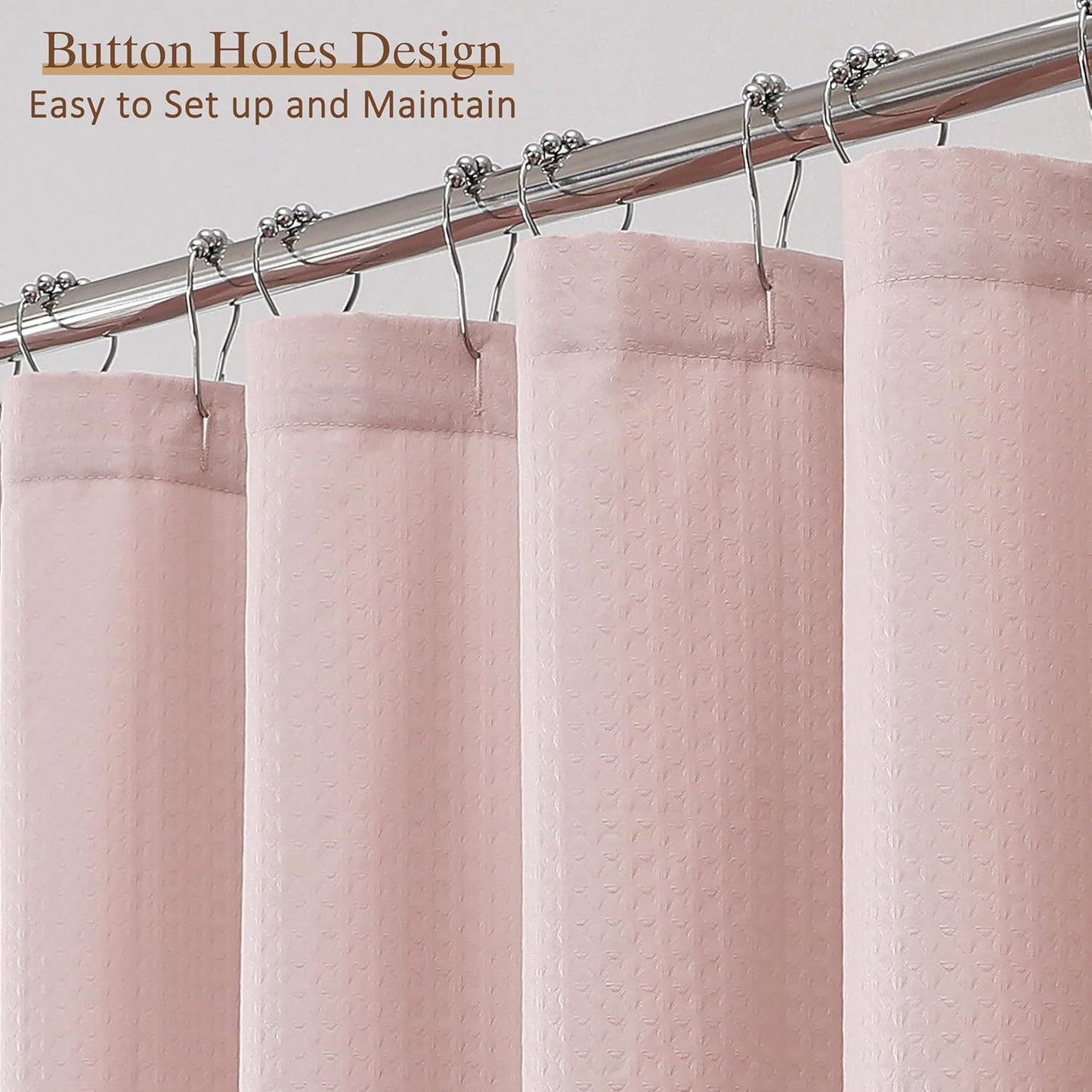 Pink Shower Curtain 72 Inch Length 1 Piece, Waffle Embossed Textured Soft Fabric Hotel Shower Curtain for Bathroom, Modern Polyester Water Repellent Machine Washable Bath Decor, 72Wx72L Inches