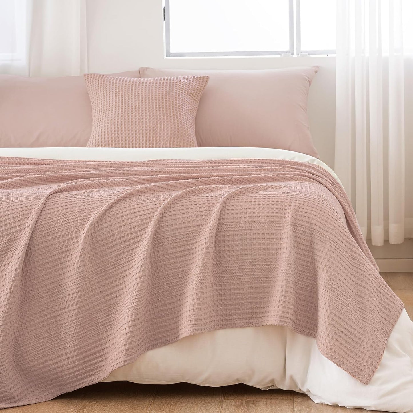 PHF Lightweight Waffle Weave Blanket Queen Size, Breathable & Ultra Soft, 90"x 90" Soft & Cozy Thin Blanket for Spring & Summer & Hot Sleepers, Bed, Home Decor - Rose Pink
