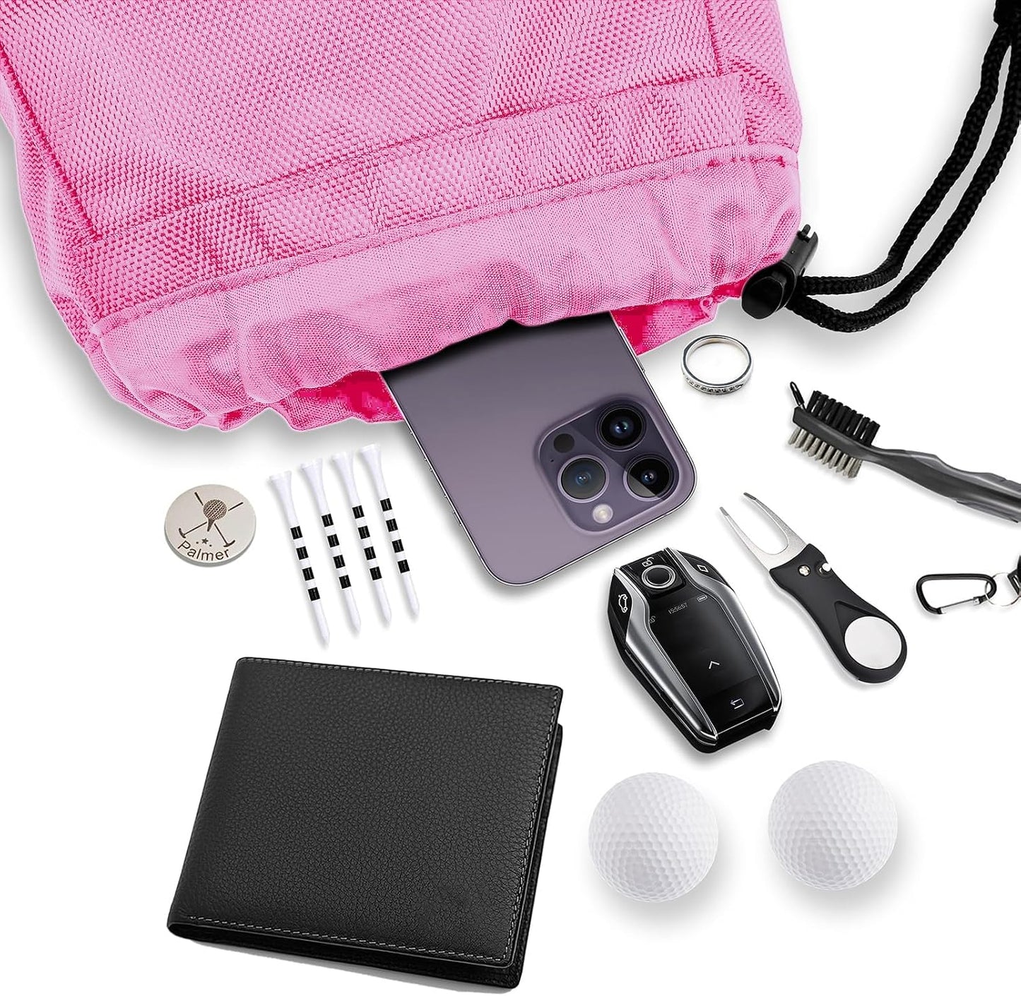 Golf Valuables Pouch,Golf Tee Pouch with Drawstrings,Nylon Golf Accessory Bag for Men & Women (Pink)