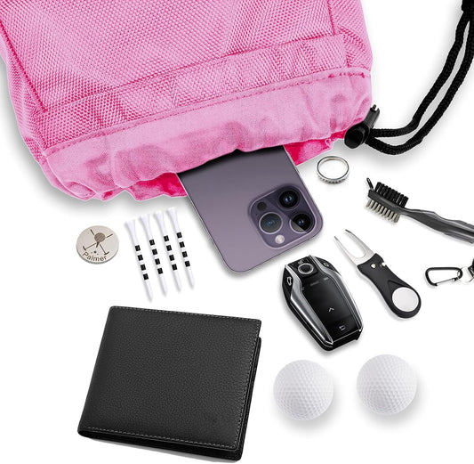 Golf Valuables Pouch,Golf Tee Pouch with Drawstrings,Nylon Golf Accessory Bag for Men & Women (Pink)