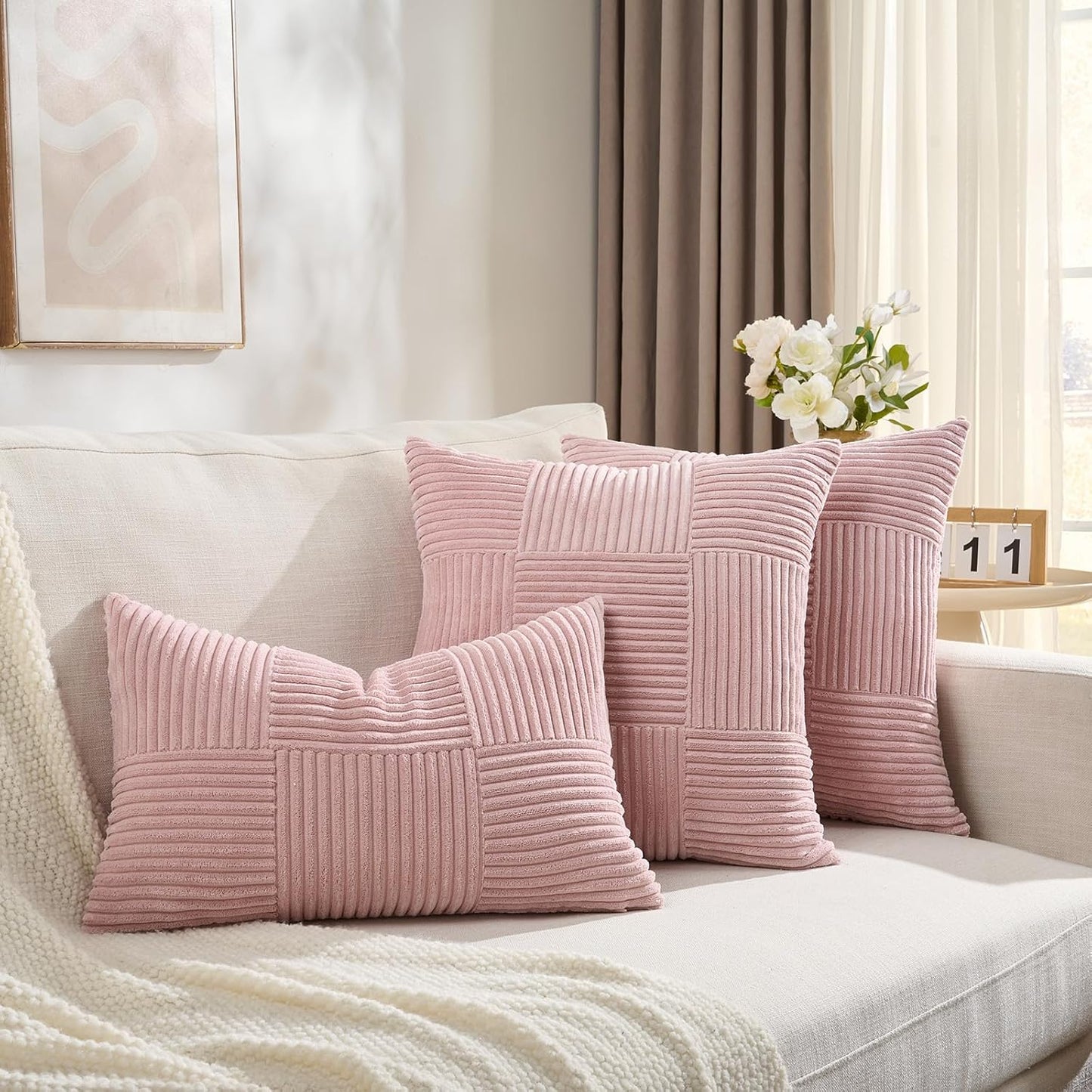 Fancy Homi Set of 2 Blush Pink Boho Decorative Throw Pillow Covers 18x18 Inch for Living Room Bedroom Couch Bed Sofa, Modern Farmhouse Home Decor, Soft Striped Plaid Corduroy Accent Cushion Case