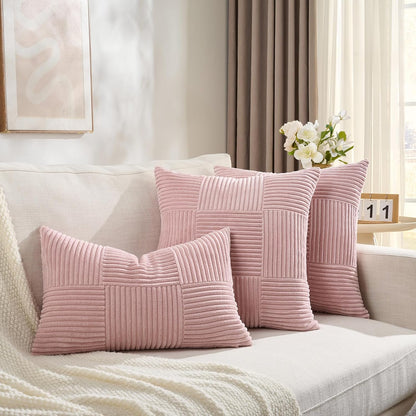 Fancy Homi Set of 2 Blush Pink Boho Decorative Throw Pillow Covers 18x18 Inch for Living Room Bedroom Couch Bed Sofa, Modern Farmhouse Home Decor, Soft Striped Plaid Corduroy Accent Cushion Case