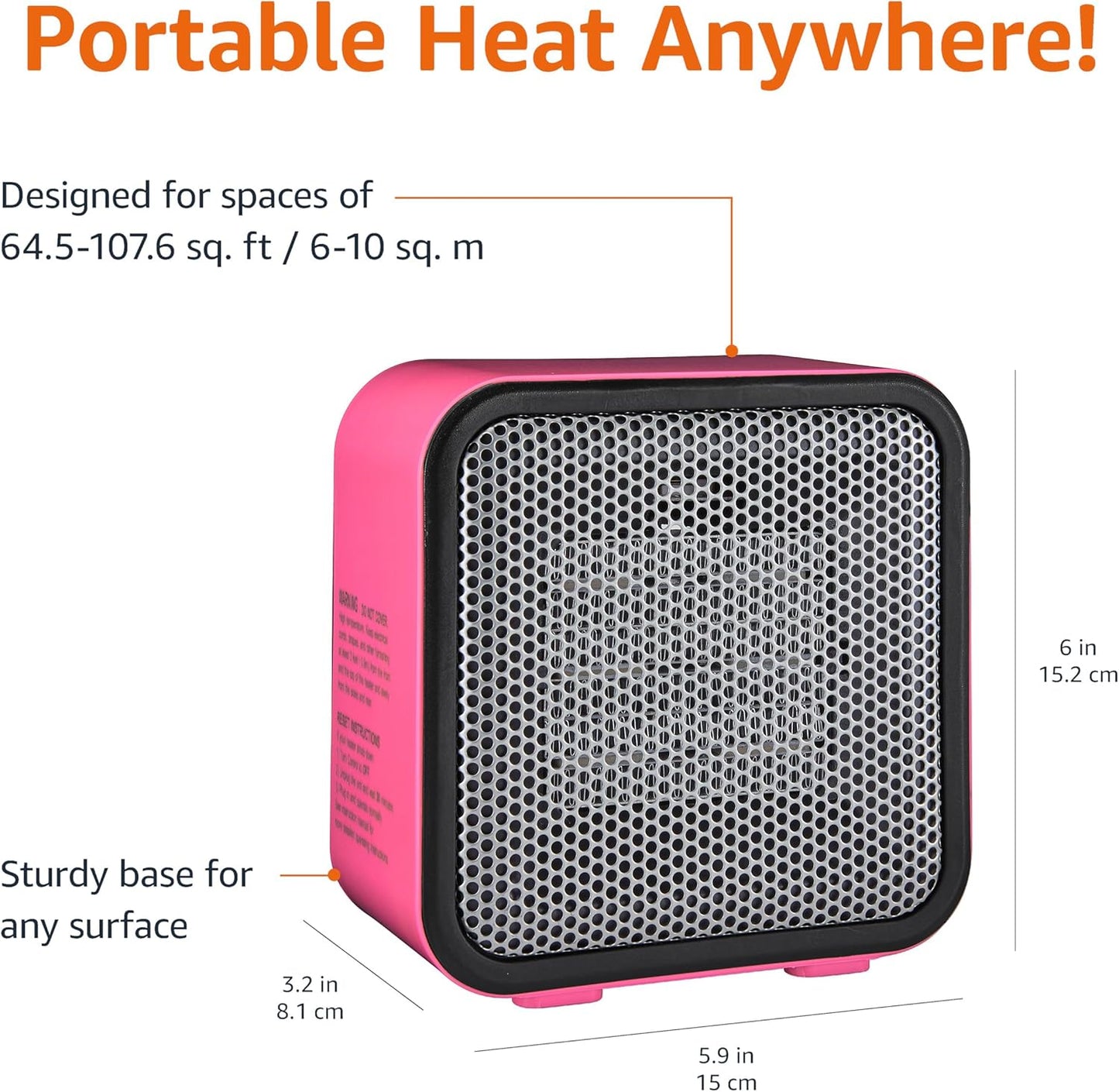 Amazon Basics Ceramic Space Heater, Portable Mini Heater for Office Desk, Indoor Use, 500W, With Tip-Over Protection, Lightweight 1.4 lbs, Pink, 5.9 x 3.2 x 6 inches