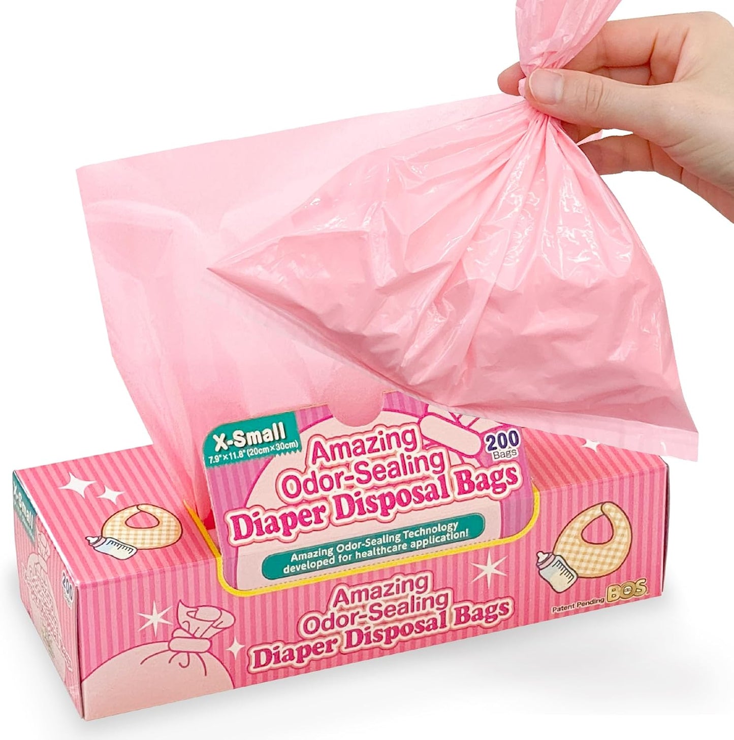 BOS Amazing Odor Sealing Baby Diaper Disposal Bags - Durable and Unscented [Size: XS, Color: Pink] (200 count, Pack of 1) (200 Bags)