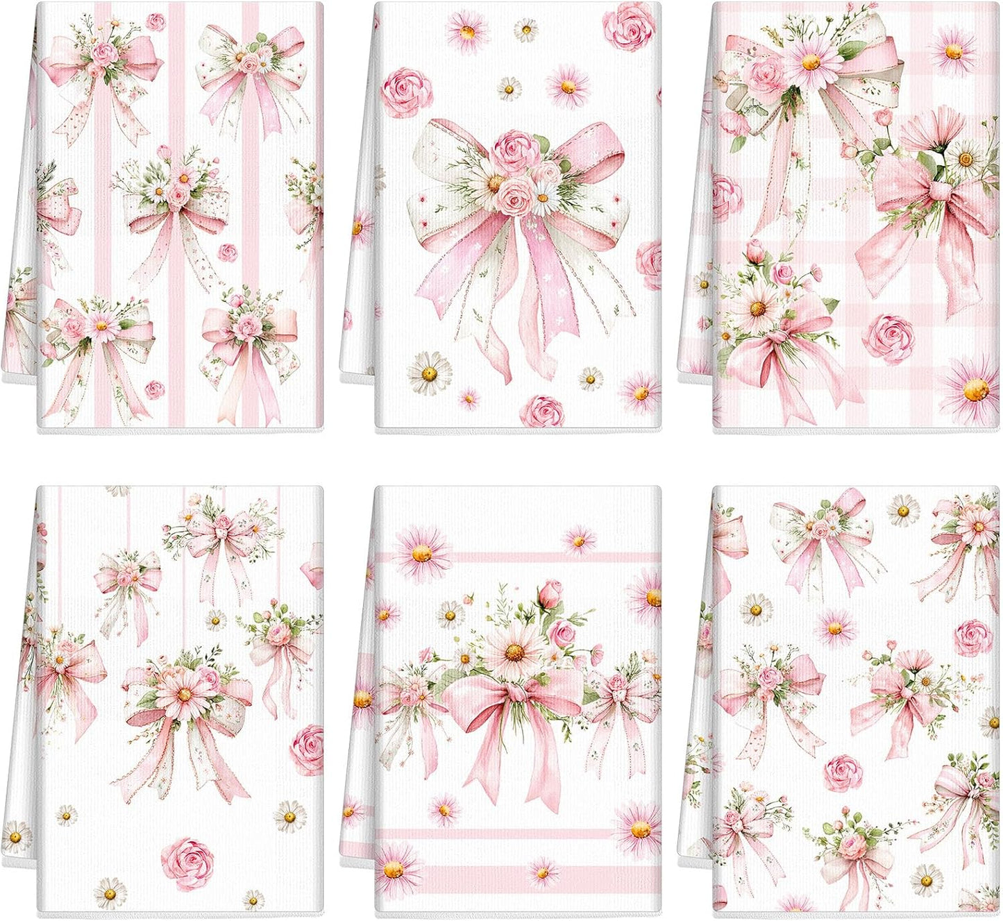 Breling Set of 6 Pink Bow Kitchen Towels Coquette Floral Dish Towel Bathroom Decorative Pink Cute Bowknot Hand Cloths for Kitchen Bathroom Home Cooking Housewarming Gifts, 14 x 21 Inch