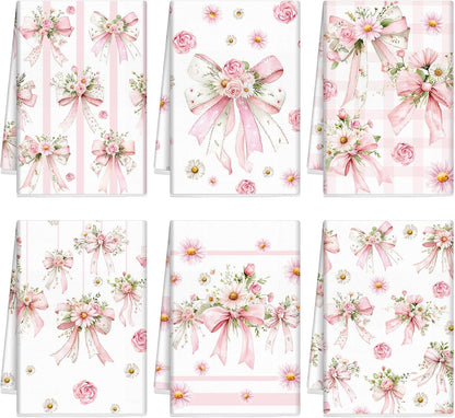 Breling Set of 6 Pink Bow Kitchen Towels Coquette Floral Dish Towel Bathroom Decorative Pink Cute Bowknot Hand Cloths for Kitchen Bathroom Home Cooking Housewarming Gifts, 14 x 21 Inch