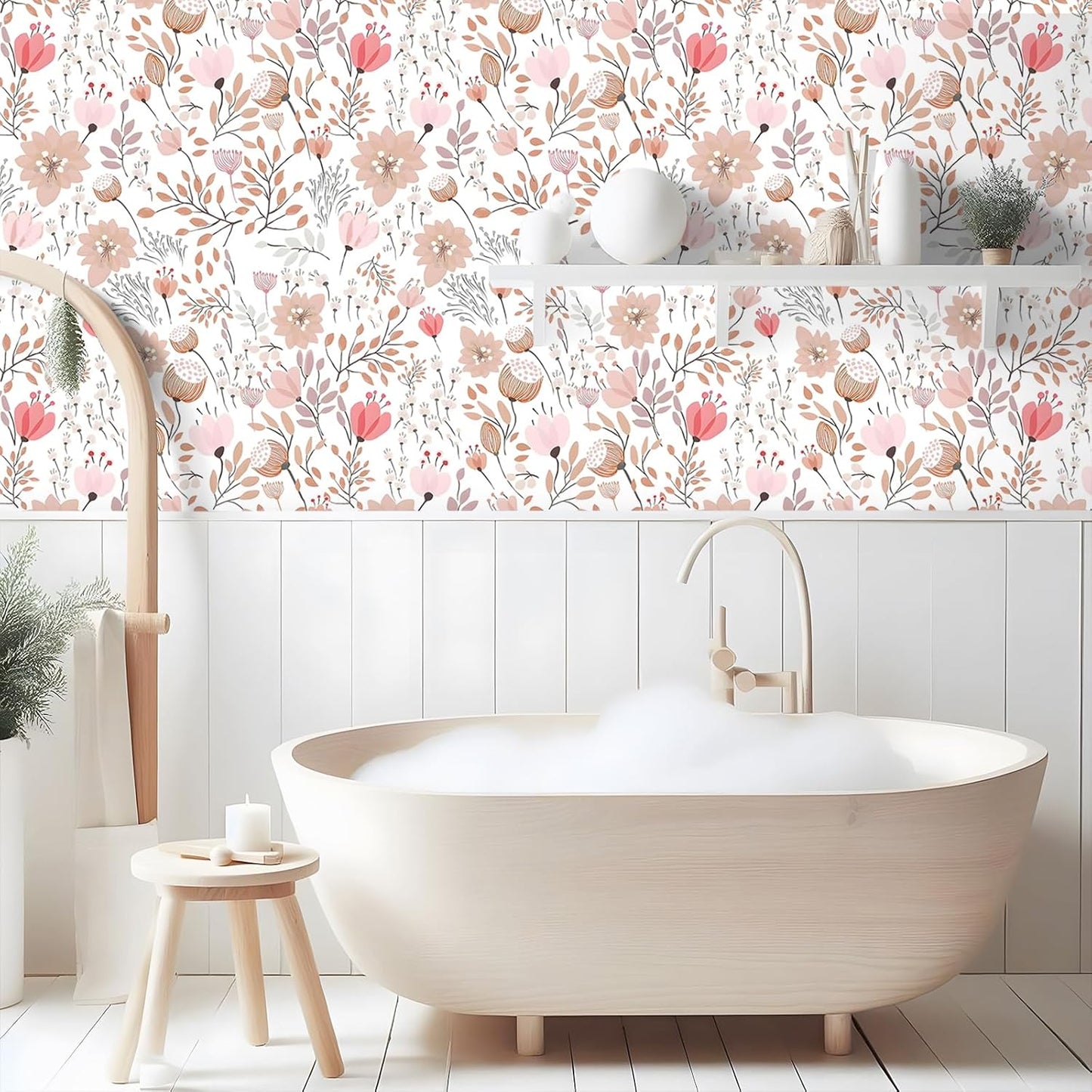 VEELIKE Soft Pastel Pink Floral Wallpaper Stick and Peel Boho Floral Peel and Stick Wallpaper for Bathroom Girls Room Nursery 17.7''x354'' Removable Prepasted Wallpaper Floral Contact Paper for Walls