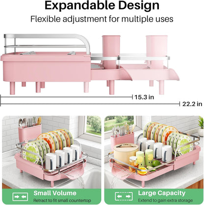 SAYZH Dish Drying Rack - Expandable Dish Rack for Kitchen Counter, Rust-Resistant Dish Drainer with Utensil Holder and Raised Guardrail, Kitchen Organizer for Cup and Bottle (Pink)