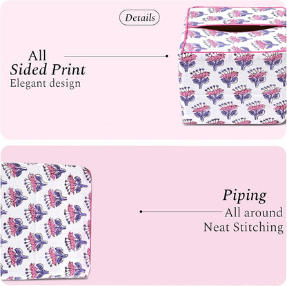 CPC Pink Sapphire Hand Block Printed Cotton Tissue Box Cover 5" x 5" x 5.5" Square Soft Reusable Boho Napkin Holder for Home Kitchen Dining Bathroom Office Cafe Spa, Gift for Spring, Mother's Day