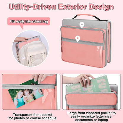 Ndsox Zipper Binder 3 Ring with Handle, 2 Inch O-Ring Document Organizer Middle School Binder with Zipper for Students, 5-Tab Expanding File Folder & 2 Mesh Pouches, DIY Clear Front Pocket, Pink