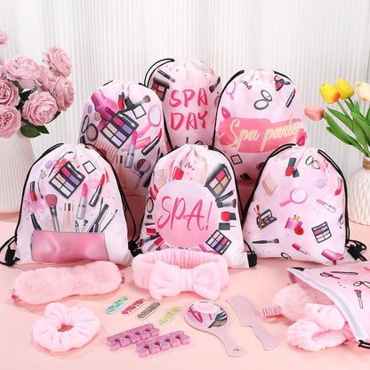 Janinka 108 Pcs Sleepover Spa Party Supplies for 12 Guests, Including Pink Headband, Scrunchies, Eye Mask, Nail File, Toe Separator, Comb, Mirror, Drawstring Bag for Women's Pajama Party
