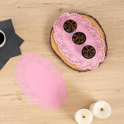 Restaurantware-Pastry Tek 12.5 x 8.5 Inch Paper Lace Doilies, 100 Oval Disposable Table Doilies - Elegant Lace Finish, Long Lasting, Pink Paper Lace Doilies, for Pastries, Cupcakes, Desserts