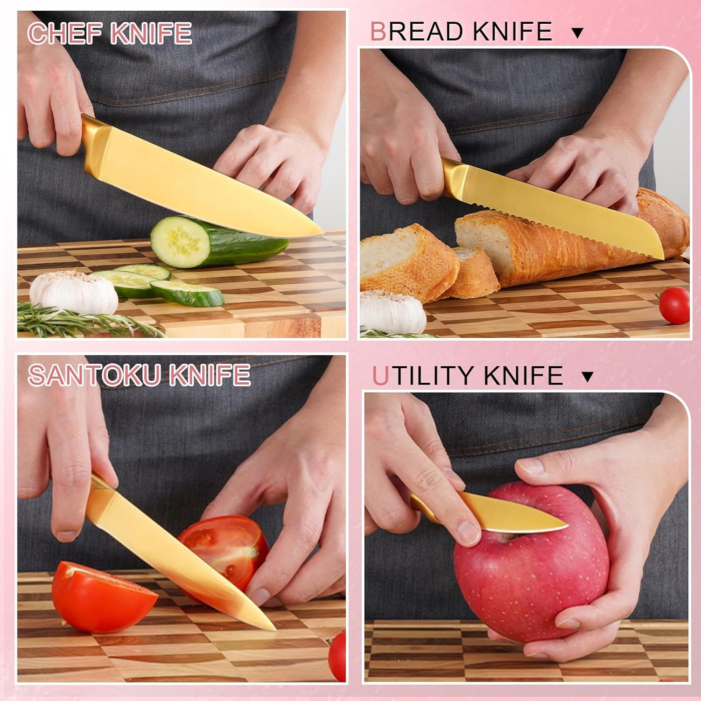 Kitchen Knife Set with Block and Sharpener, 7-Piece Knife Set for Chef, Pink Knife Holder Set, Gold-Plated Stainless Steel Kitchen Knife, Ergonomically Designed (Pink)