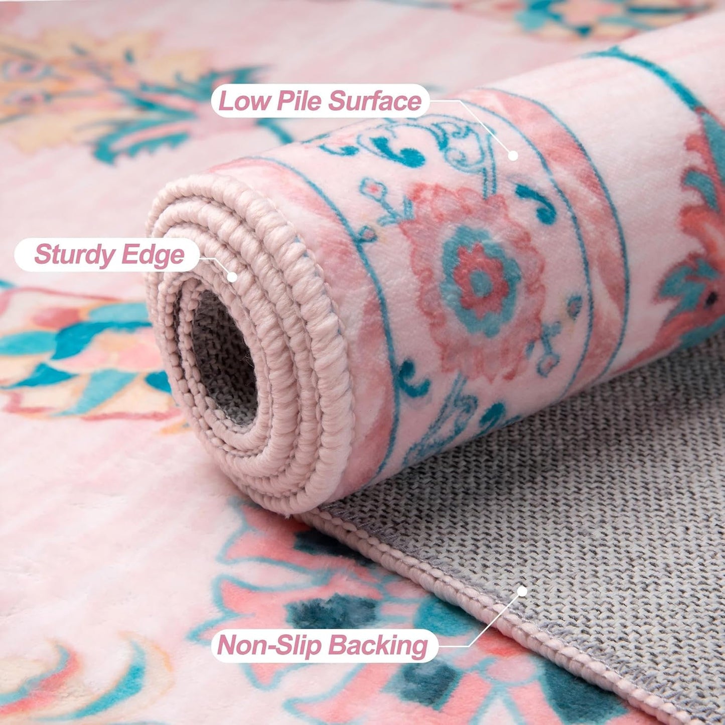 Tangsoo Pink Small Rug for Entryway, 2x3 Washable Entry Rug for Girls Nursery Bedroom Bedside, Non Slip Floral Area Throw Rugs Soft Cute Floor Carpet Indoor Mat for Entrance Kitchen Bathroom