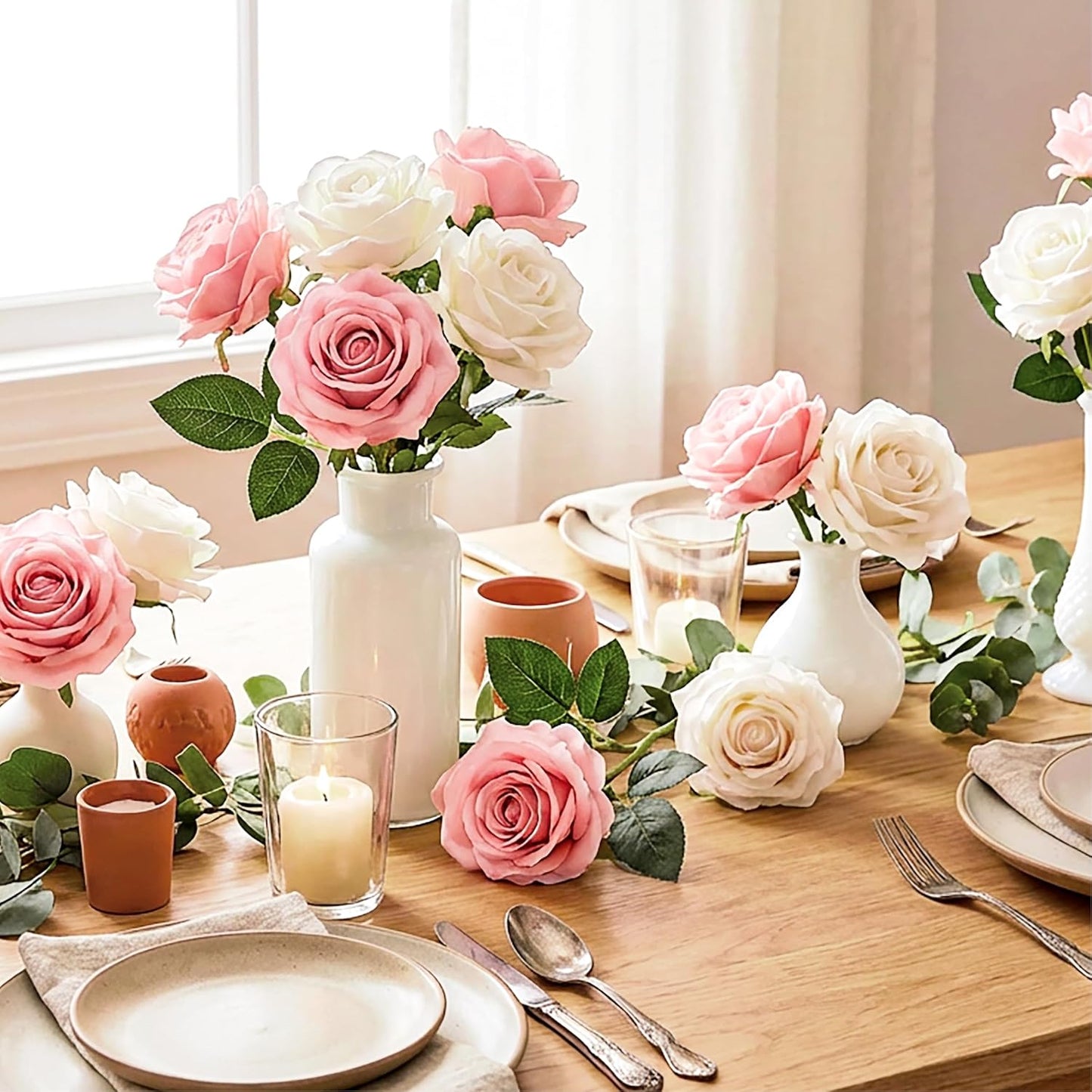 Auihiay 14PCS Pink Fake Roses, Artificial Roses Flowers with Long Stems for Mother's Day, Valentine's Day, Wedding Bouquet, Baby Shower, Birthday, Home & Party Decor