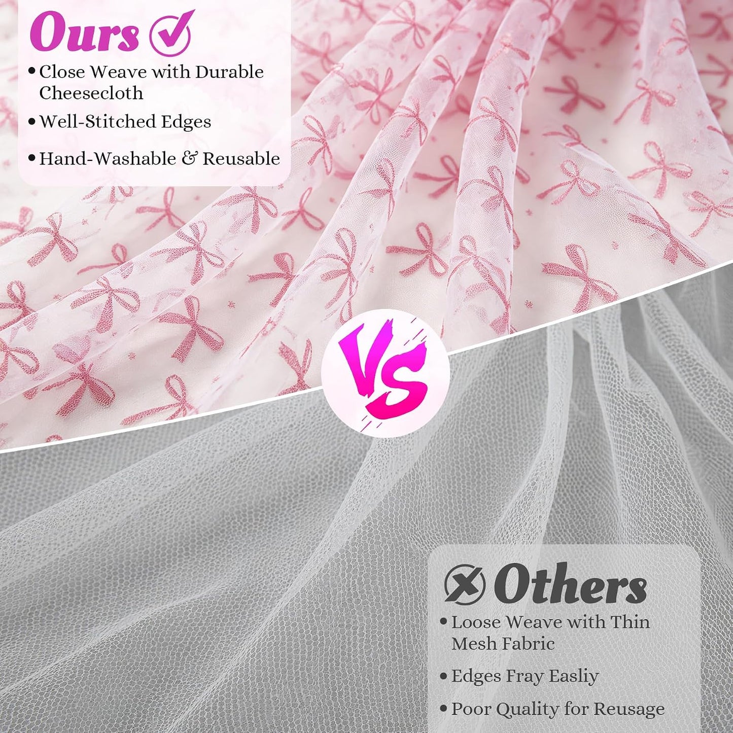 ACOCO 2 Pack Bowknot Gauze Table Runner 120 Inch 10FT, Pink & White Tulle Extra Long Table Runners, Washable Decorative Table Scarf for Wedding, Party, Farmhouse, Dining Room & Holiday Home Decoration