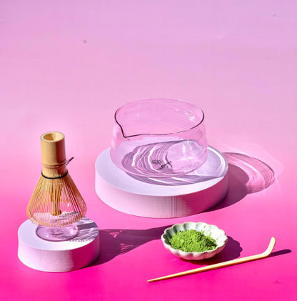 Matcha Whisk Set, 5-Piece Matcha Bowl and Whisk Kit with Bamboo Scoop, Glass Matcha Bowl, Holder, and Sieve – Handmade Borosilicate Glass (Rose Petal Pink)