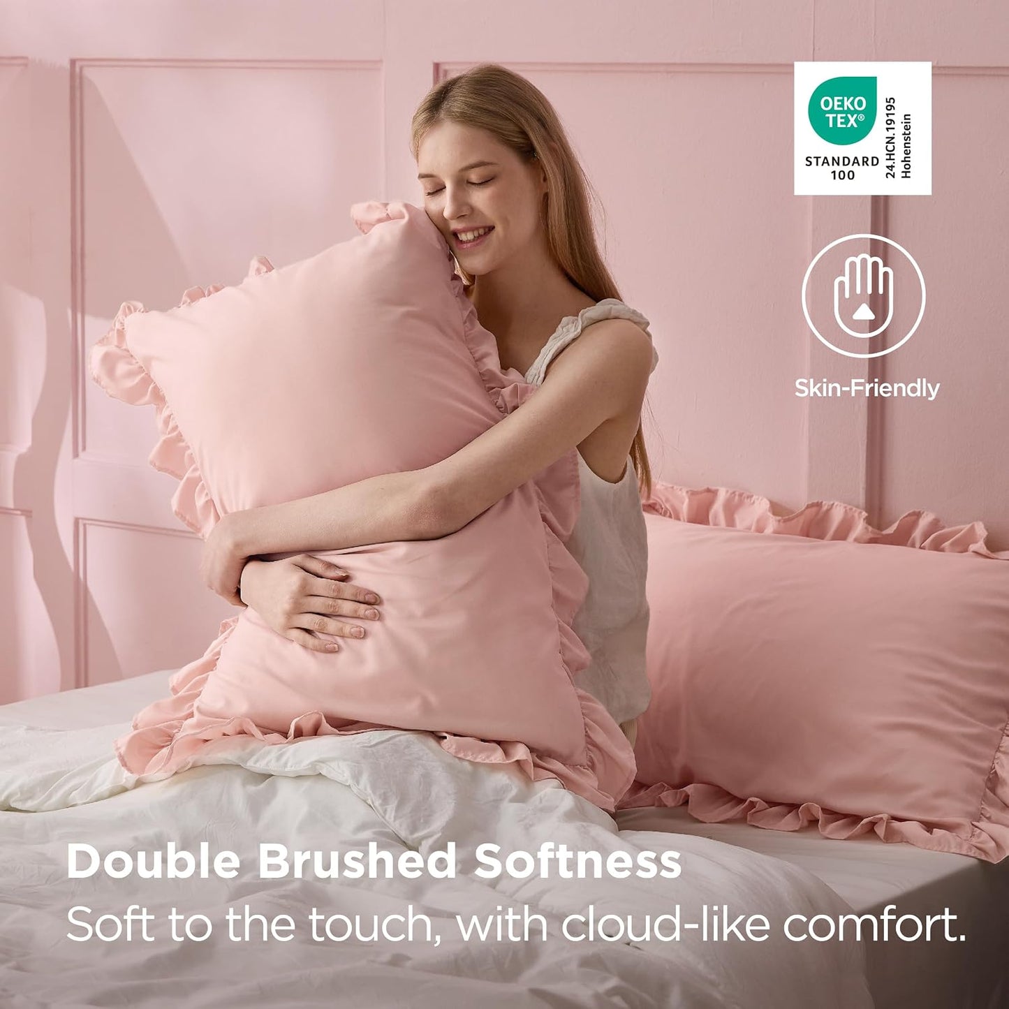 Bedsure Ruffle Pillow Cases, Pillow Shams Queen Size Set of 2, Double Brushed Microfiber, Decorative Ruffled Pillow Covers with Envelope Closure, Wrinkle Fade Resistant, 20" x 30", Blush Pink