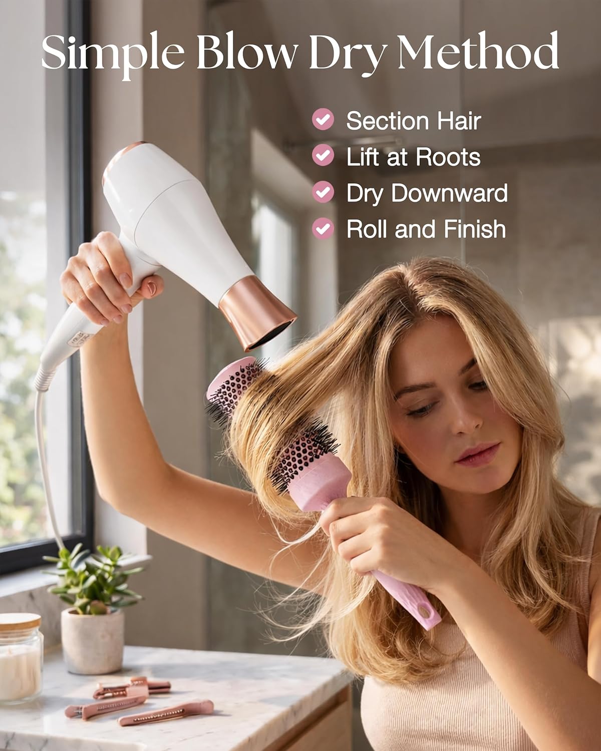 Lily England Round Blow Dry Brush Set for Women - Perfect for Voluminous Blowouts - Ceramic Ionic Technology - Luxury Gift for Her (Pink)