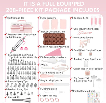 Gawren-H&E 208 PCS Cake Decorating Kit,Baking Supplies with Dessert Decorating Syringe Set,Storage Case,Icing Piping Bags and Tips Set,Frosting Fondant Bakery Set for Adults Beginners(Light Pink)