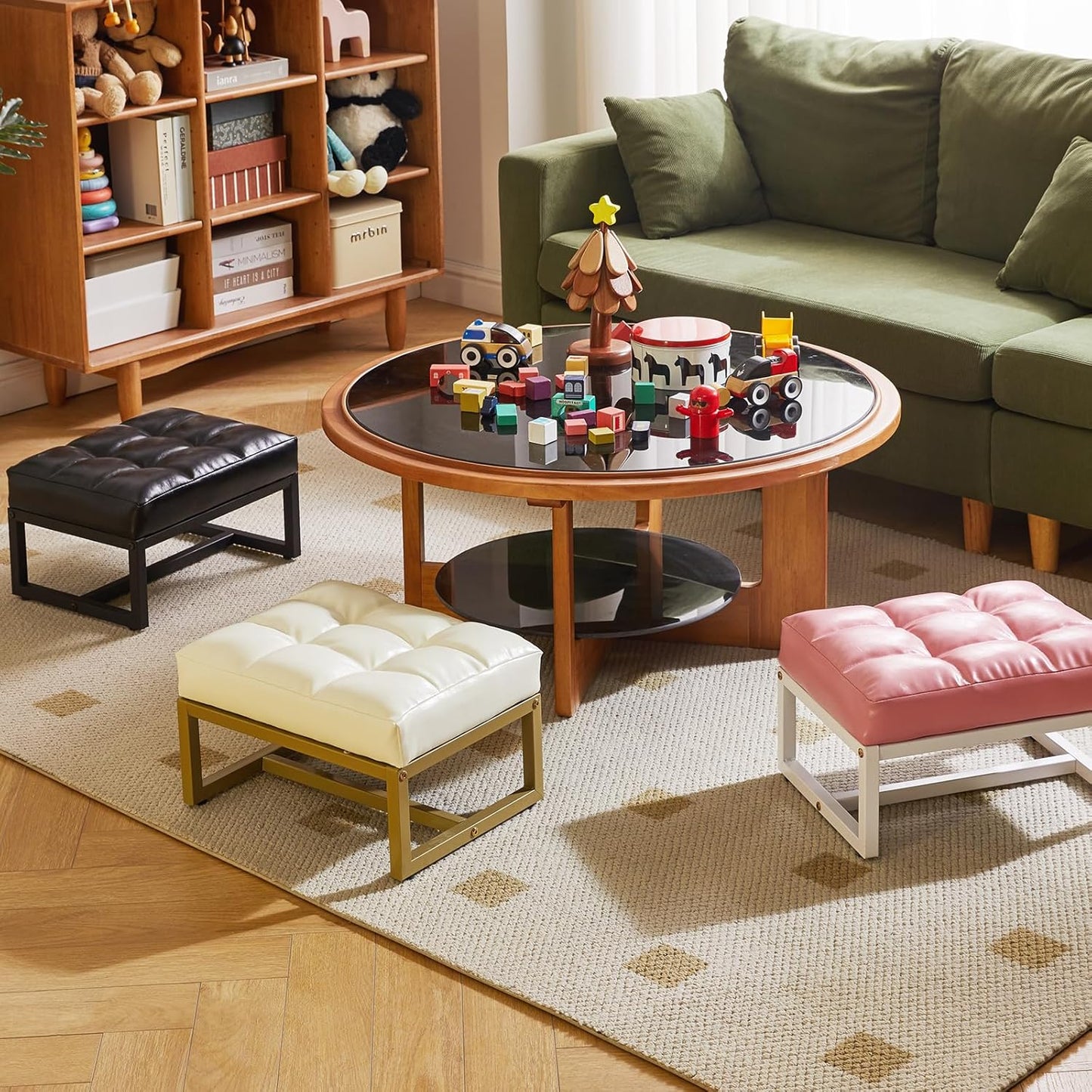 Aibiju Small Footstool, Rectangle Ottoman with Faux Leather Padded Seat, Change Shoes Bench, Sofa Footrest Extra Seating for Living Room Entryway Office, Pink YD-JD139P