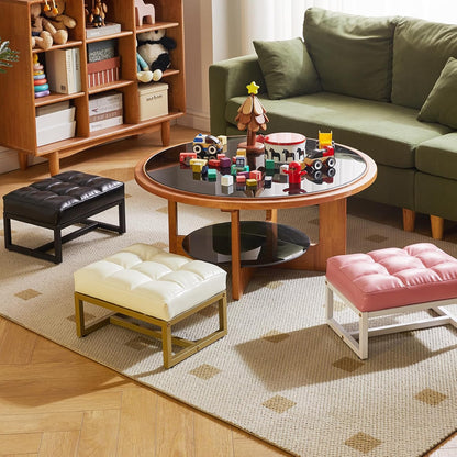 Aibiju Small Footstool, Rectangle Ottoman with Faux Leather Padded Seat, Change Shoes Bench, Sofa Footrest Extra Seating for Living Room Entryway Office, Pink YD-JD139P