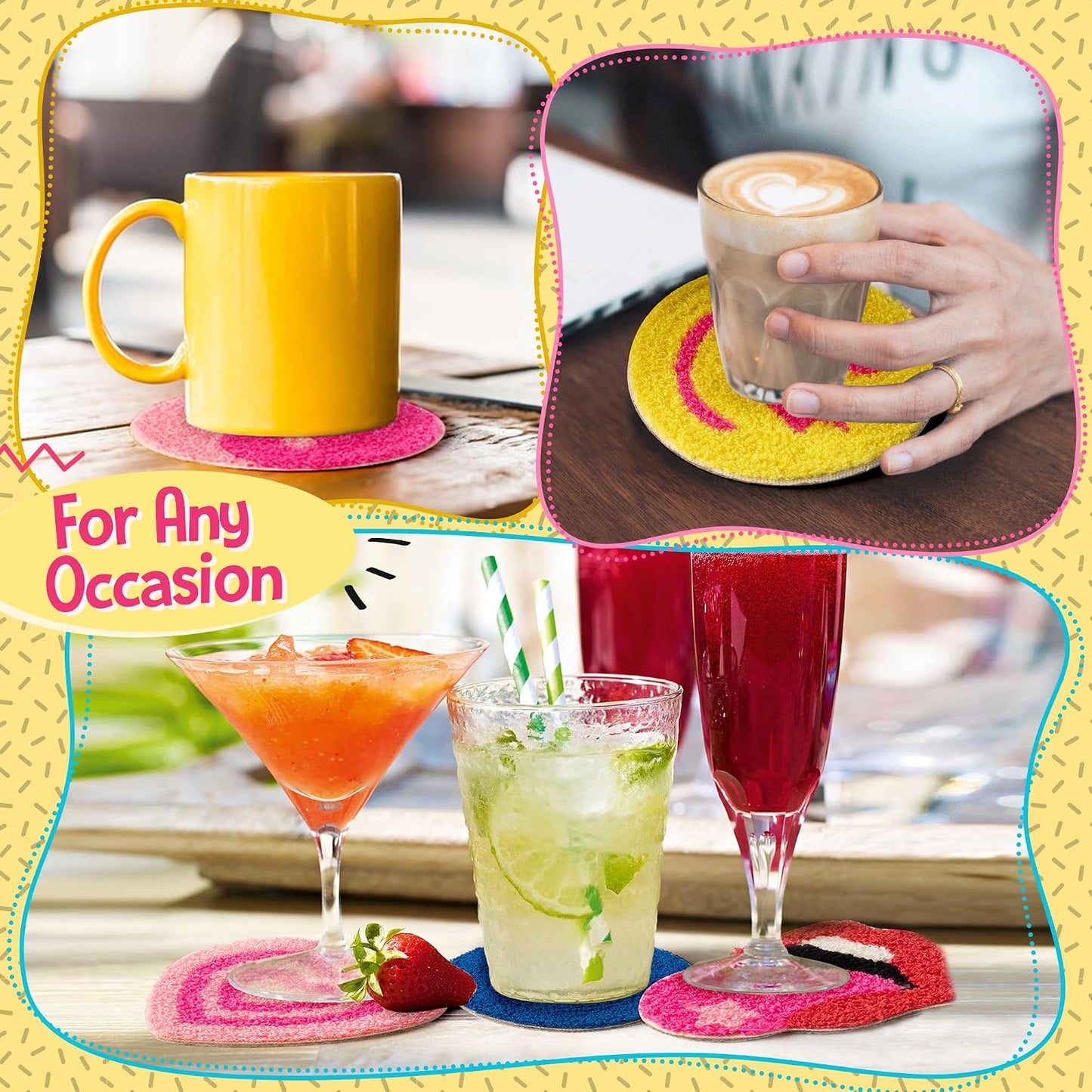 5Pcs Preppy Boho Tufted Coasters Smile Evil Eye Lip Love Yin-yang Drink Coasters Pink Yellow Y2K Pastel Rug Cup Mat Pad for Kitchen Desk Home Coffee Table Accessories Birthday Housewarming Gift