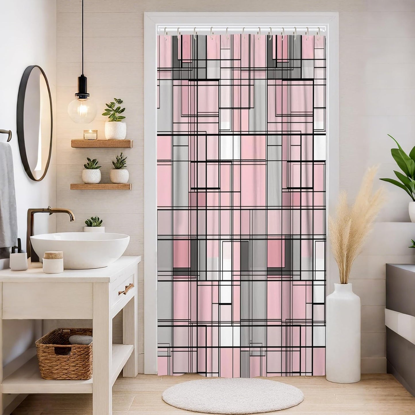 Squares Stall Shower Curtain, Modern Minimalistic Lines Rectangles None Peach Waterproof Fabric Decorative Bathroom Curtain for Home Bathroom Toile Hotel Decor 36x72 Inch