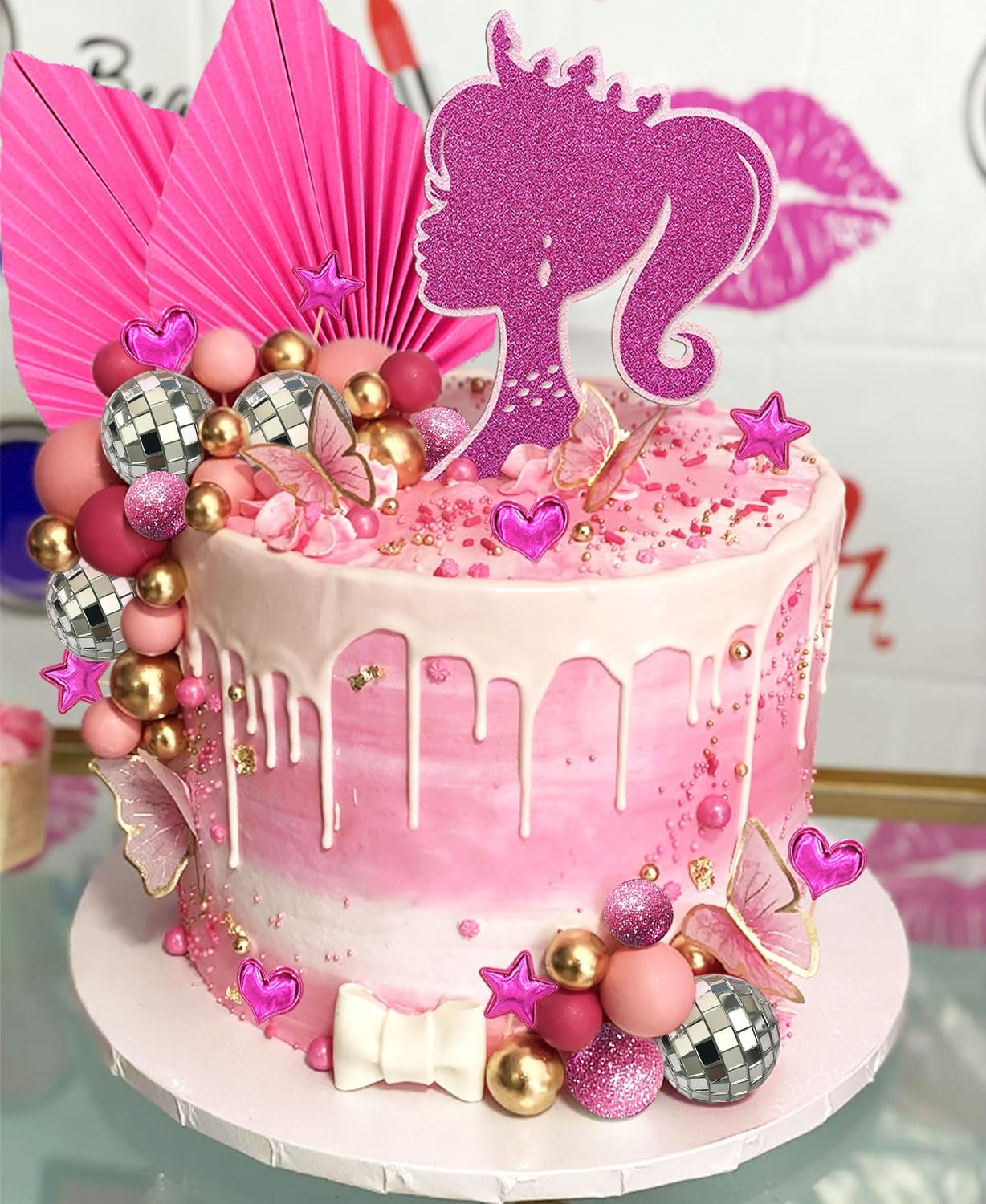 JeVenis Princess Hot Pink Girl Cake Decoration Pink Girls Birthday Decoration Balls Palm Leaves Heels Lipstick Bags Cake Topper for Birthday Bridal Shower Baby Shower