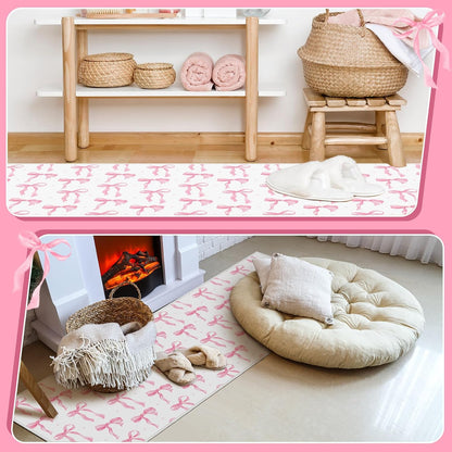 Drydiet Coquette Pink Bow Runner Rug 2 x 6 ft Large Pink Bow Soft Washable Rug with Non Slip, Low Pile Stain Resistance Carpet for Entryway Hallway Kitchen Laundry Living Room