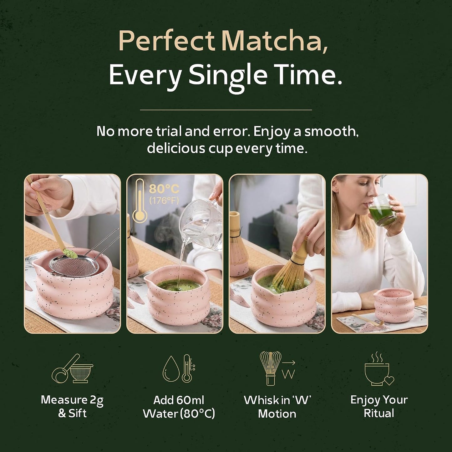 MatchaVela® Matcha Whisk Set - 5 Pcs | Complete Japanese Matcha Tea Making Kit | Ceramic Bowl & Whisk Holder, Bamboo Whisk & Scoop, Stainless Steel Sifter | Perfect Matcha Starter Kit Gift Set - Pink