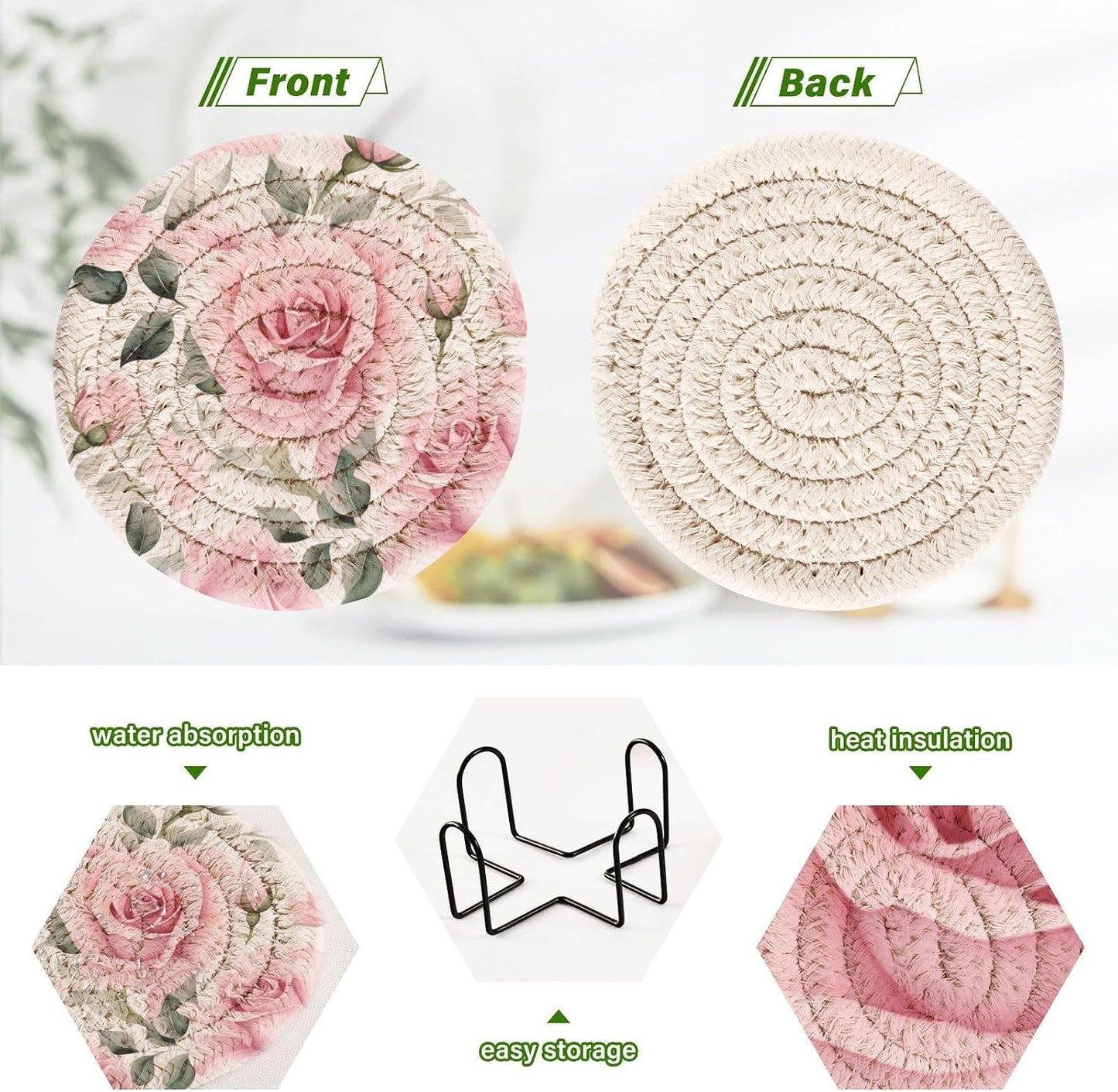 Pink Roses Coasters with Holder 6 Pcs for Drink Cup Table Home Decor Bar Housewarming Gift