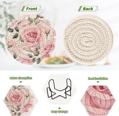 Pink Roses Coasters with Holder 6 Pcs for Drink Cup Table Home Decor Bar Housewarming Gift