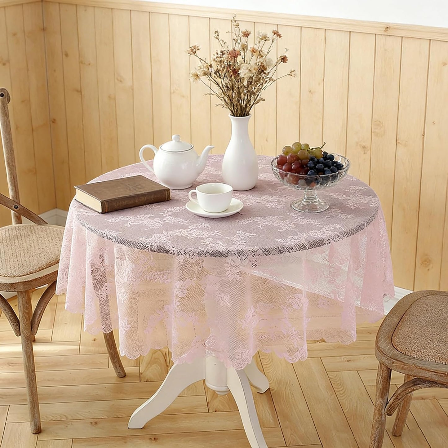 Round Tablecloth Rustic Tablecloth or as Elegant Lace Table Cloth (Pink, 70in（Round)