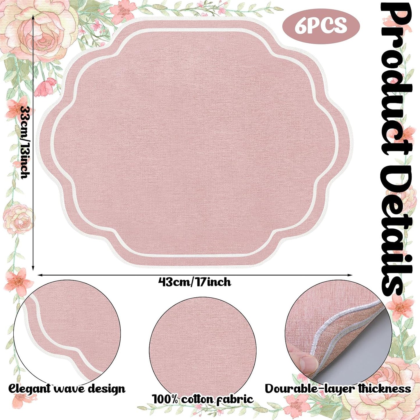 Breling 6 Pcs Pink Wedding Placemats Scalloped Embroidered Cotton Linen Placemats 17" x 13" Double Layered Machine Washable Table Place Mat for Party Table Decor (Cotton)