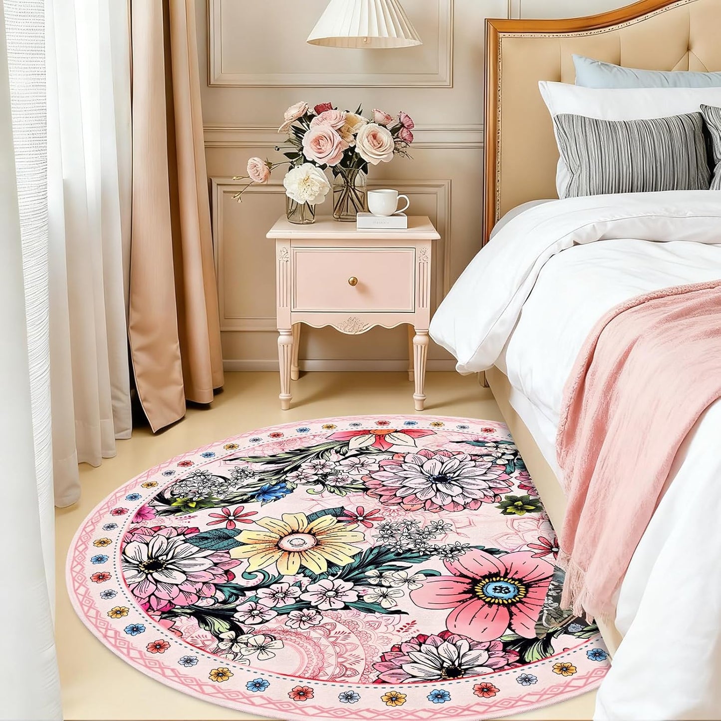 Yinhua Round Rug 4ft Rug Washable Boho Floral Rugs Non Slip, Pink Soft Circular Area Rugs Low Pile, Faux Wool Flowers Carpet for Bedroom, Entryway, Living Room, Bedroom, Dining Room, Pink