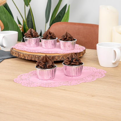 Restaurantware-Pastry Tek 12.5 x 8.5 Inch Paper Lace Doilies, 100 Oval Disposable Table Doilies - Elegant Lace Finish, Long Lasting, Pink Paper Lace Doilies, for Pastries, Cupcakes, Desserts