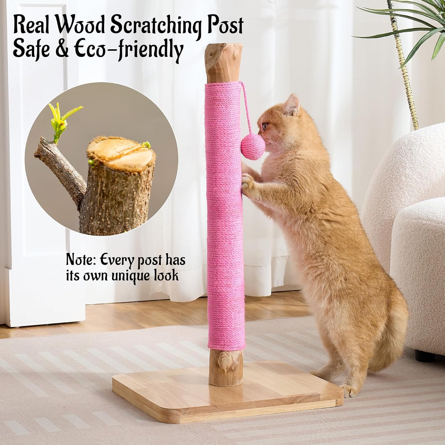 29" Tall Solid Wood Cat Scratching Post for Indoor Cats, Extra Stable Heavy Base, Natural Sisal Scratcher with Hanging Ball, Furniture Protector for Kittens & Adult Cats, Pink