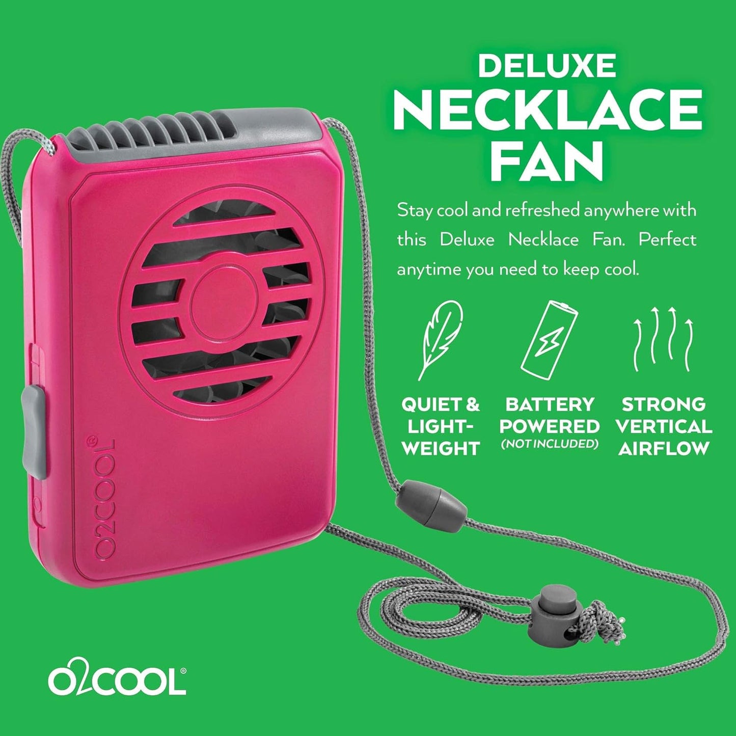 O2COOL Battery Powered Deluxe Necklace Fan For Personal Cooling With Adjustable Lanyard (Pink)