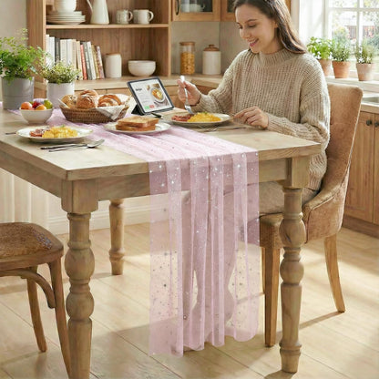 Artoid Mode Silver Stars Pink Gauze Table Runner 120 Inch 10FT, Reversible Glitter Sheer Dining Wedding Holiday Birthday Table Decor for Home Party