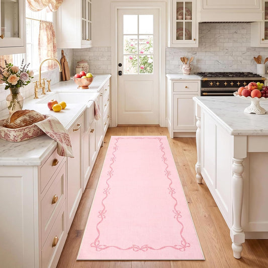 Garvee 2x6 Bow Runners for Hallways Non Slip, Kitchen Runner Rug Solid Pink Rugs for Bedroom Girls, Soft Low Pile Washable Floor Mat Coquette Rug for Nursery Entryway Dorm Laundry Room