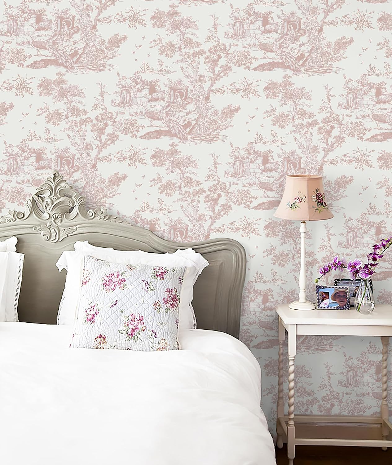 CiCiwind Peel and Stick Wallpaper Vintage Wallpaper White and Pink Wallpaper Removable Self-Adhesive Wallpaper for Bedroom Bathroom Toile Contact Paper for Walls Covering 16In×78.7In