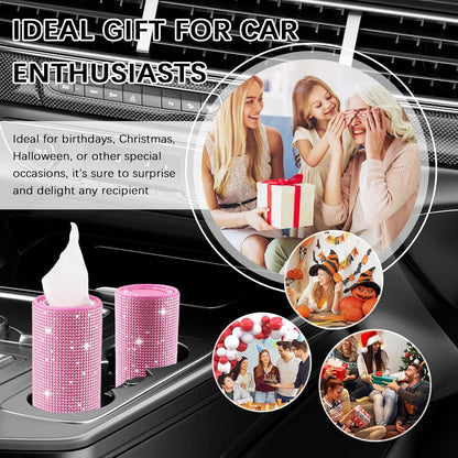 Bling Car Tissue Holder for Cup Holder,Rhinestone Travel Car Tissue Box(30 Tissues/3-ply),Universal Cylinder Tissues Dispenser for Cars Interior Decor as Gift for Women (Pink)