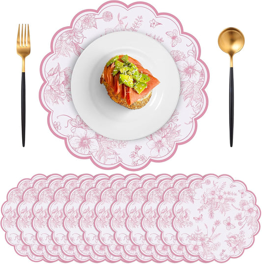 60 Pcs Pink Floral Paper Placemats, 13.5 Inch Disposable Scalloped Table Mats Wedding Placemats, Vintage Floral Banquet Place Mats for Table Setting Wedding Bridal Tea Party Wildflower Party Decor