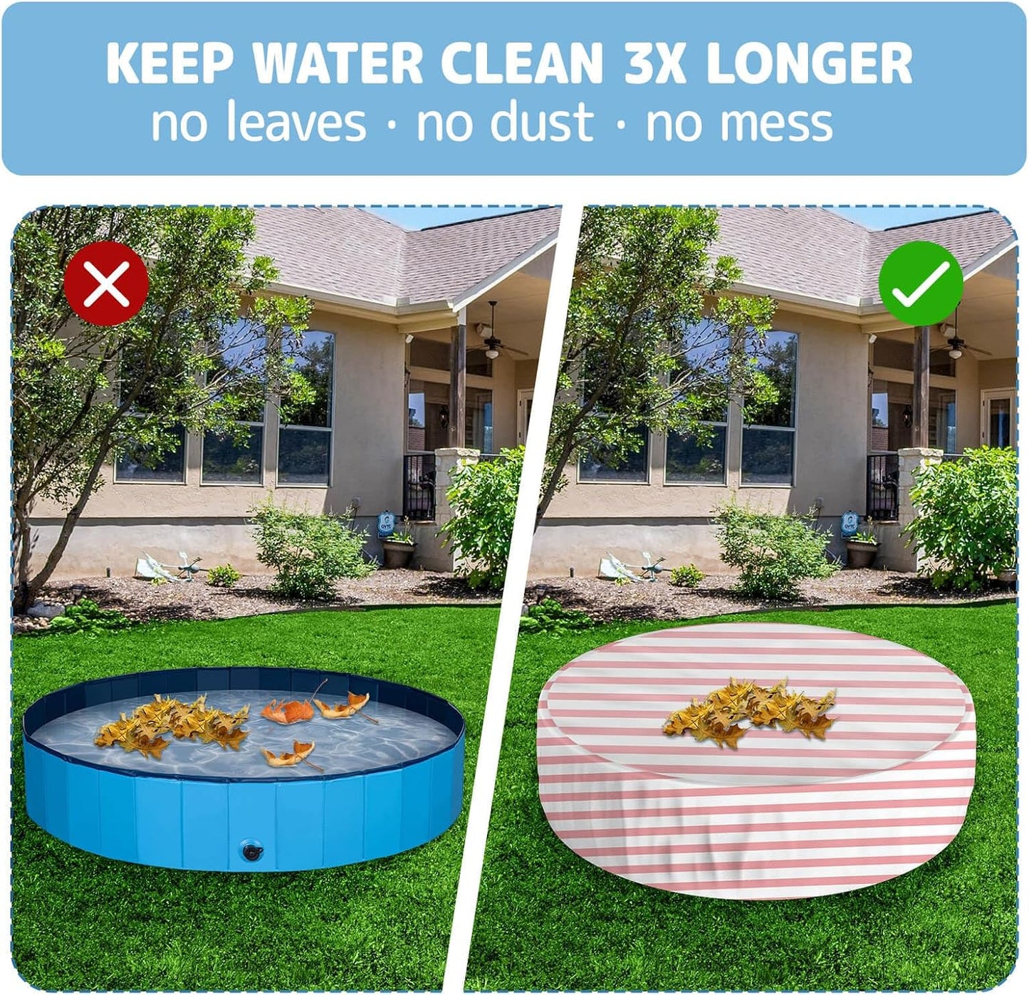 Foldable Round Dog Swimming Pool Cover, for 32"/48"/63" Collapsible Outdoor Tub,PVC Coating Waterproof and UV Protection (S-32 * 8 inch, Pink Stripes)