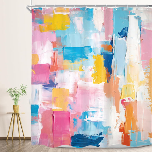 Abstract Colorful Shower Curtain 72Wx72H Watercolor Pink Blue Oil Painting Minimalist Modern Bathroom Set Aesthetic Bath Curtain Cloth Fabric Bathroom Accessories Decor with 12 Hooks